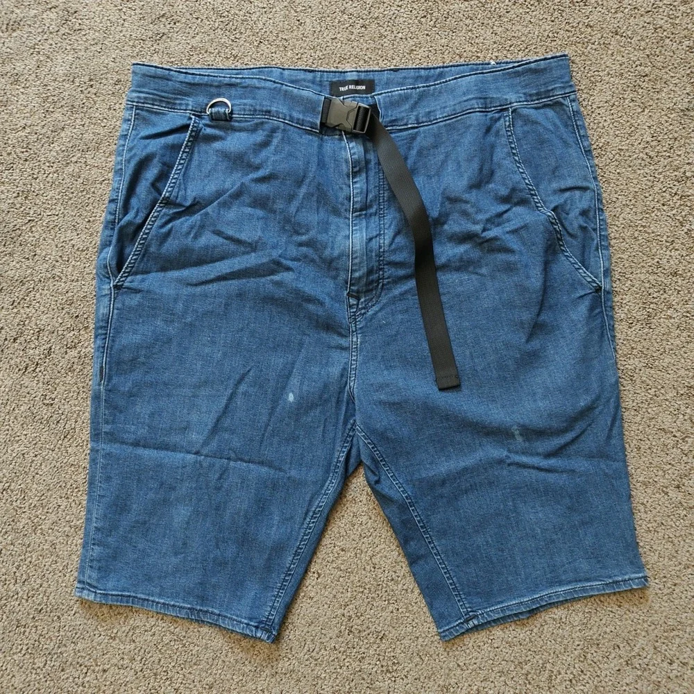 True Religion Mens 40W Blue Tactical Utility Denim Shorts Buckle Belt D-Ring‎